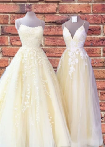 yellow prom dresses floor with lace appliques and spaghetti straps HZ1023